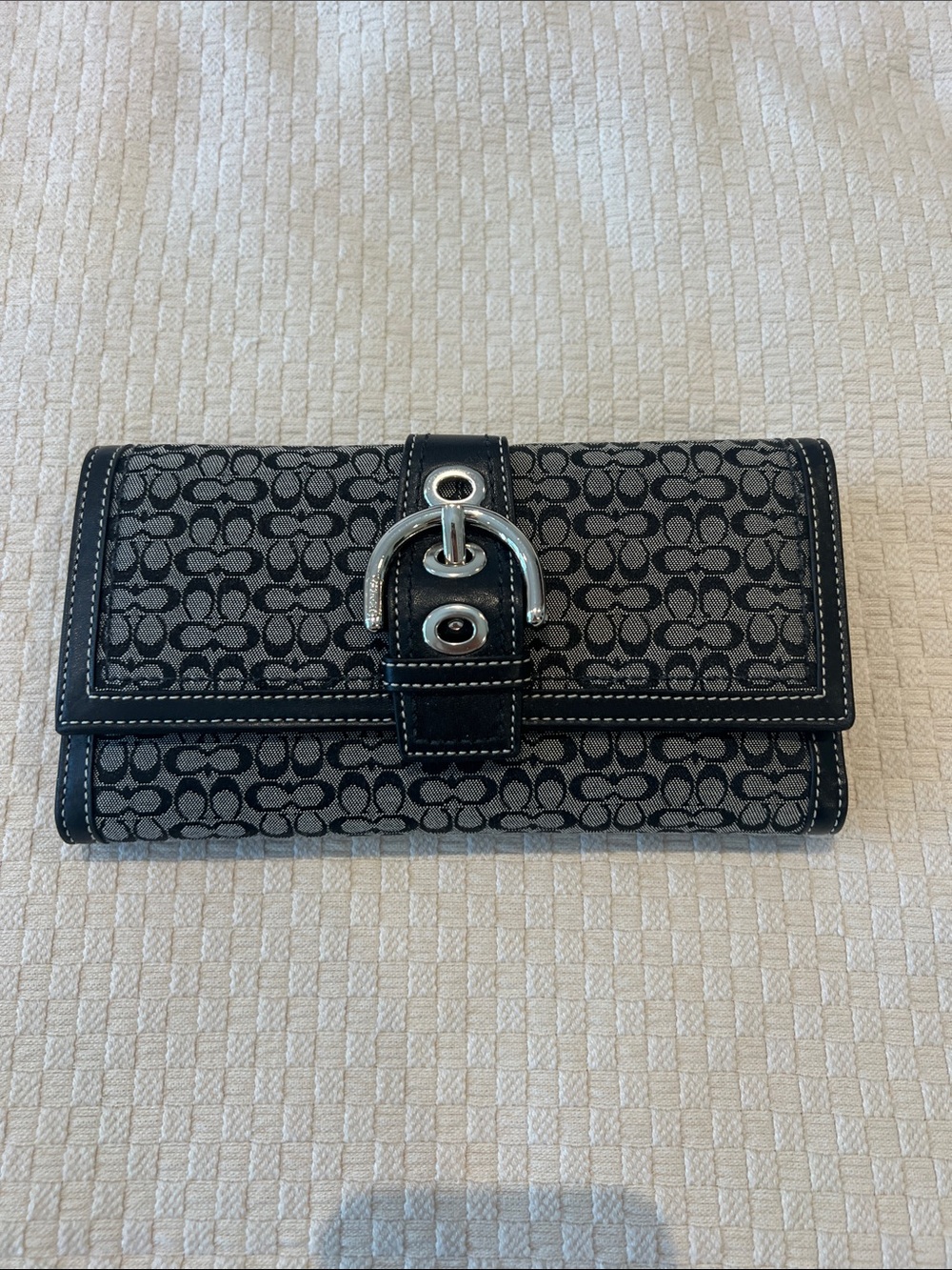 Coach Black and Gray Signature Canvas Buckle Wallet